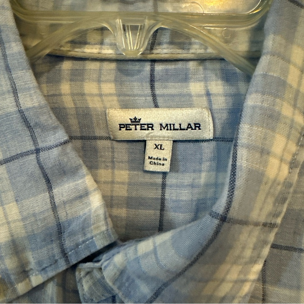 Peter Millar Men’s 100% Linen Shirt Size XL Blue Plaid Button Up Long Sleeve - Picture 3 of 10